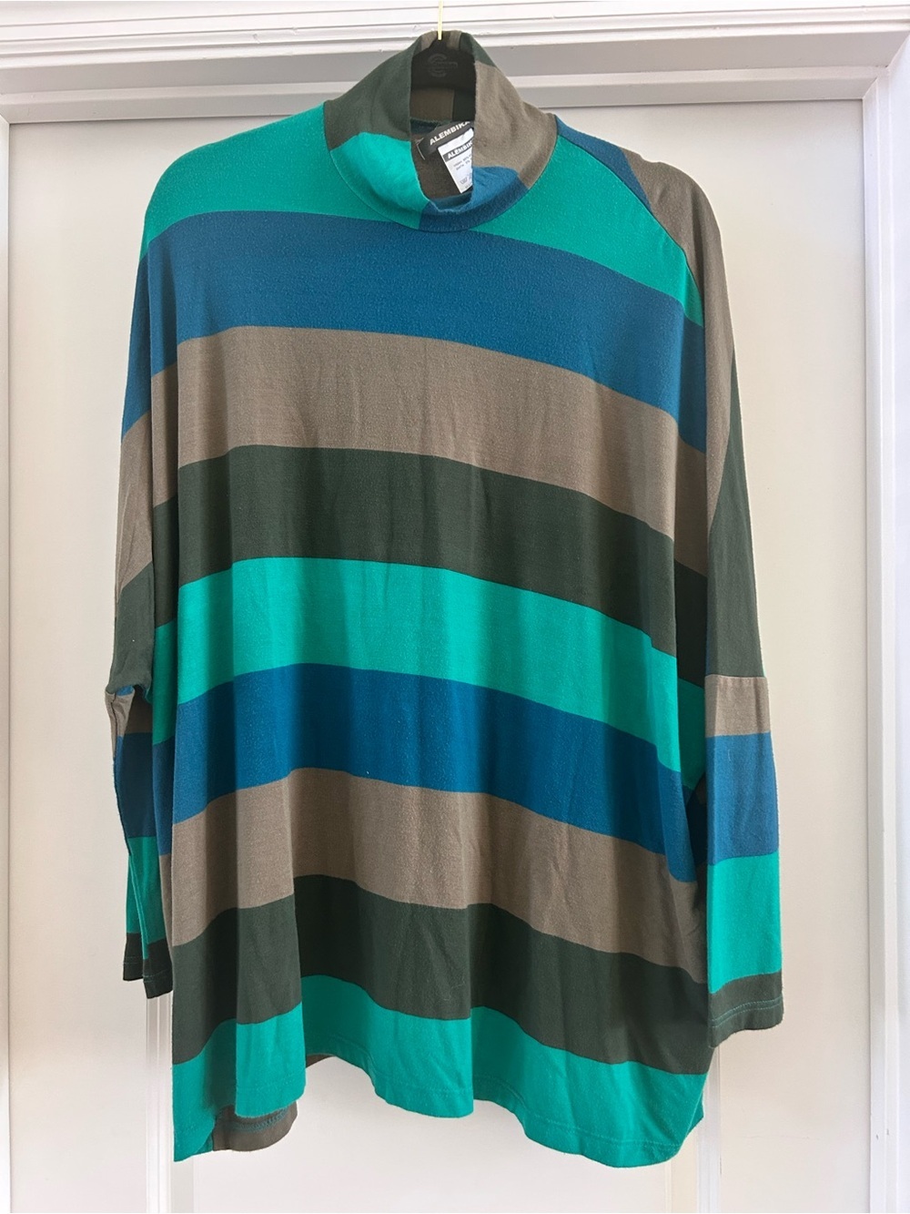 Alembika Striped Tunic Top S Oversized Lagenlook Teal Blue Mock Neck Israel
